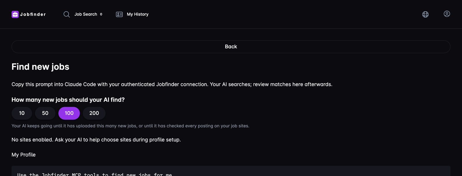 Jobfinder's Find new jobs page: choose how many jobs your AI should find, then copy the search prompt into Claude.