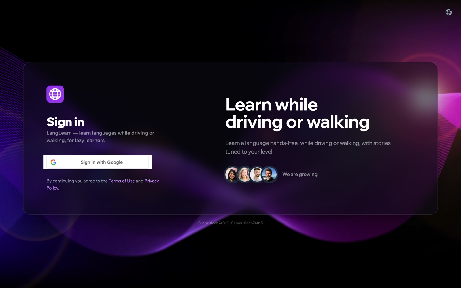LangLearn sign-in screen: Learn while driving or walking.